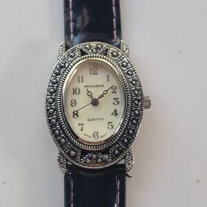 Milan Womens Watch Cream Dial Silver Tone Black Leather Quartz Gemmed Japan Movt